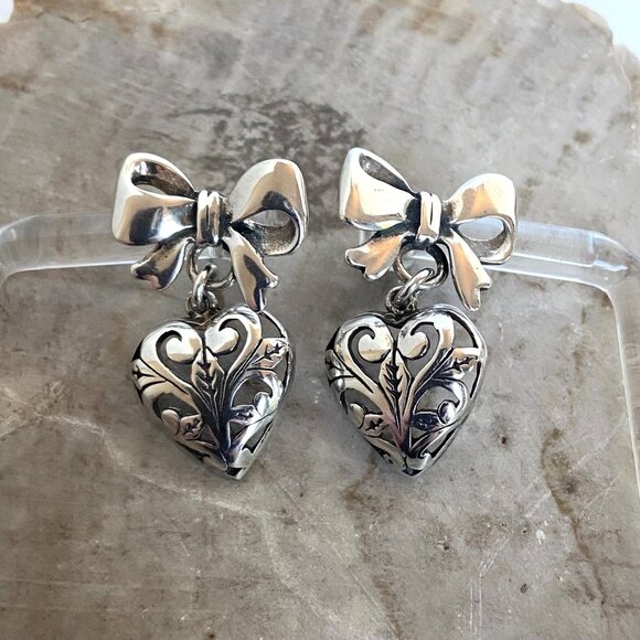 VTG Sterling Silver 925 1" Pierced Scrollwork Heart Dangle Bow Stud Earrings - Picture 13 of 16